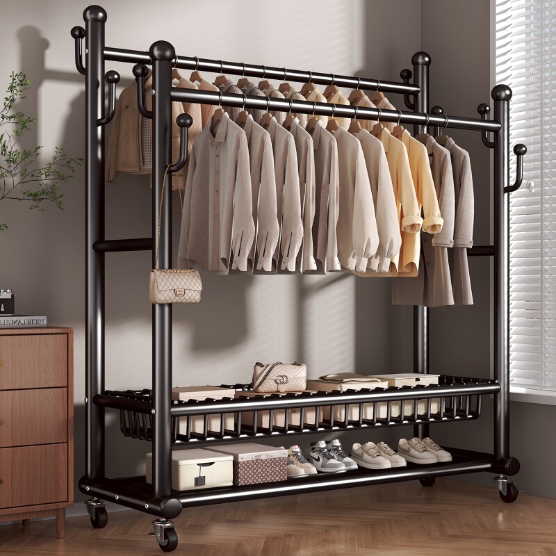 晾衣架落地卧室家用可移动简易衣帽架多功能室内挂衣架双杆晾晒架