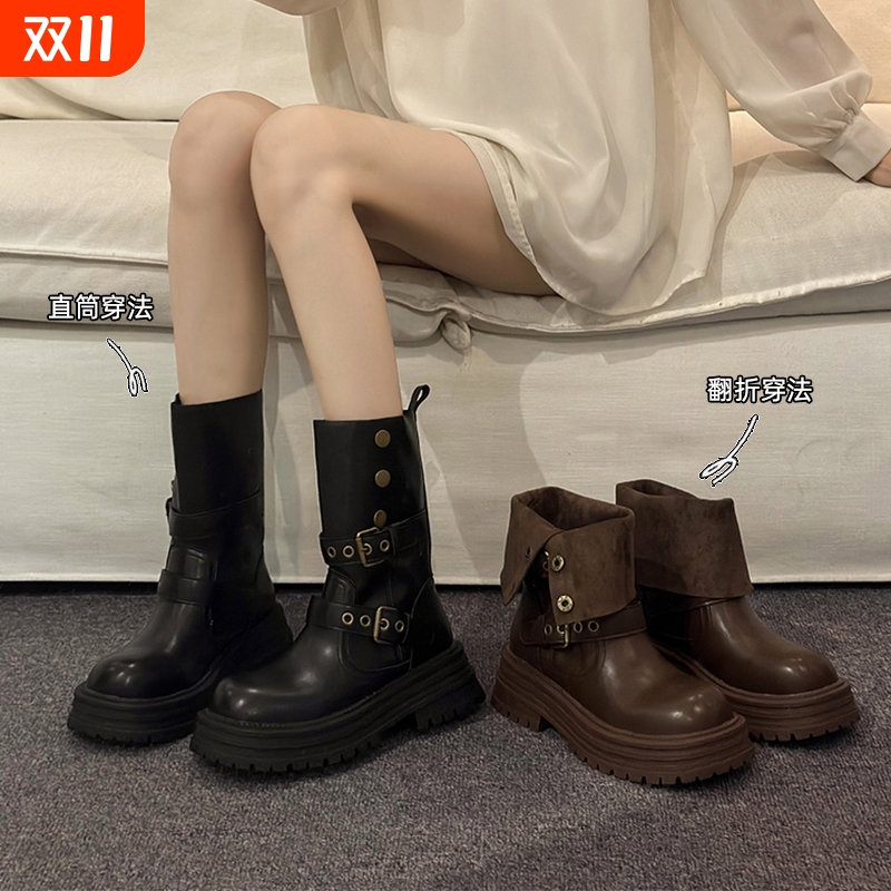 英伦风马丁靴女款2025新款秋女鞋美拉德靴子厚底黑色短靴高跟短筒