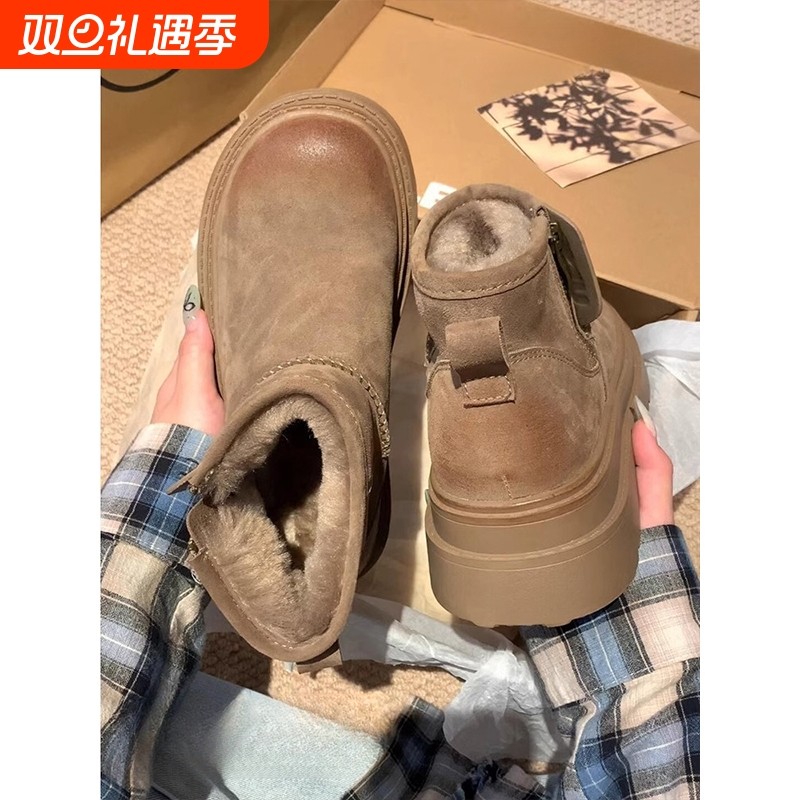 真皮雪地靴女2025冬季新款皮毛一体短靴加绒保暖防水东北卡其色
