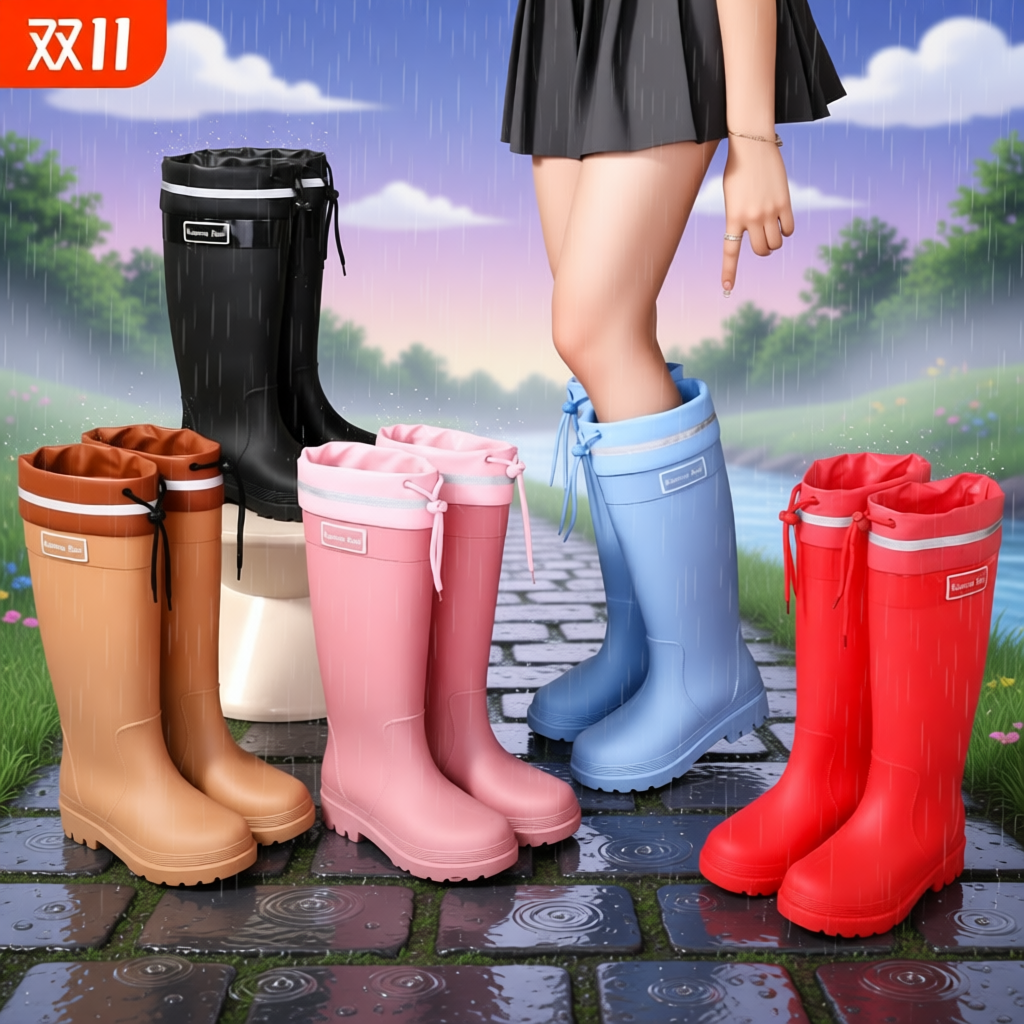 户外束口高筒雨鞋雨靴大童过膝上学专用男童女童防滑防水长筒水靴