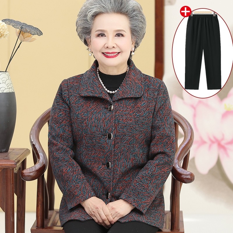 中老年人奶奶外套毛呢妈妈春秋上衣加绒女老人套装衣服大气开衫