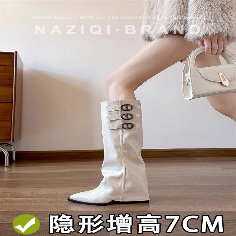 羊皮版两穿西部靴女2025秋冬新款方头复古皮带扣骑士靴百搭长靴