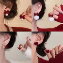 圣诞新年红色蝴蝶结珍珠耳环女耳夹小众高级感新款 轻奢耳钉秋冬款