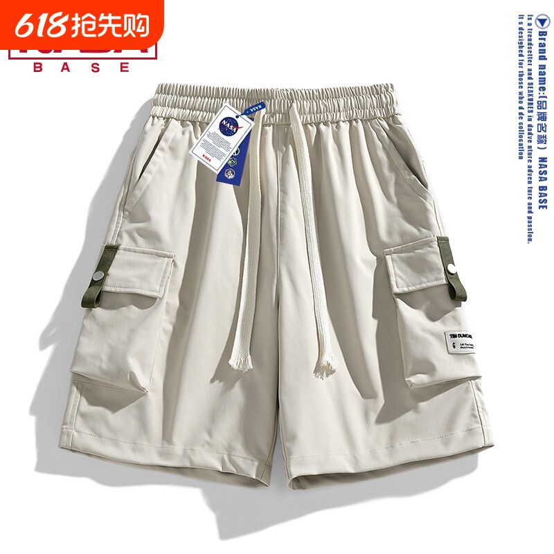 NASA休闲工装短裤男士夏季冰丝薄款潮牌中裤宽松五分运动裤子绿色