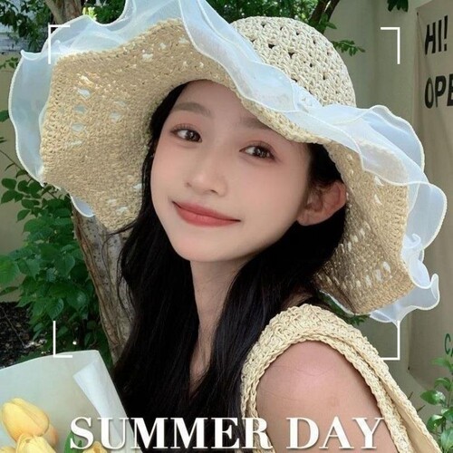 夏季女大帽檐蕾丝草帽海边沙滩透气太阳渔夫帽防晒帽遮阳帽子旅行