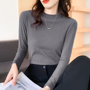 烟灰色半高领加厚打底衫女内搭2025秋冬新款紧身洋气保暖长袖上衣