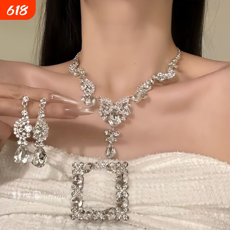 水滴流苏项链耳环套装女轻奢小众高级锁骨链时尚气质脖子配饰银色