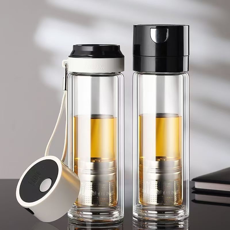 磁弹一键开盖杯磁吸仓玻璃杯双层泡茶杯按压开启速开茶水分离杯子