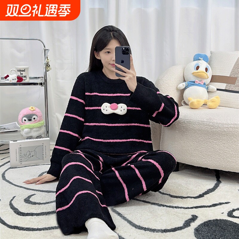 新款酷猫系列睡衣女冬季套装半边绒条纹卡通家居服可外穿居家红色
