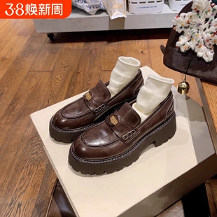 马皮~6.5cm增高厚底乐福鞋女英伦小个子棕色小皮鞋单鞋浅口圆头