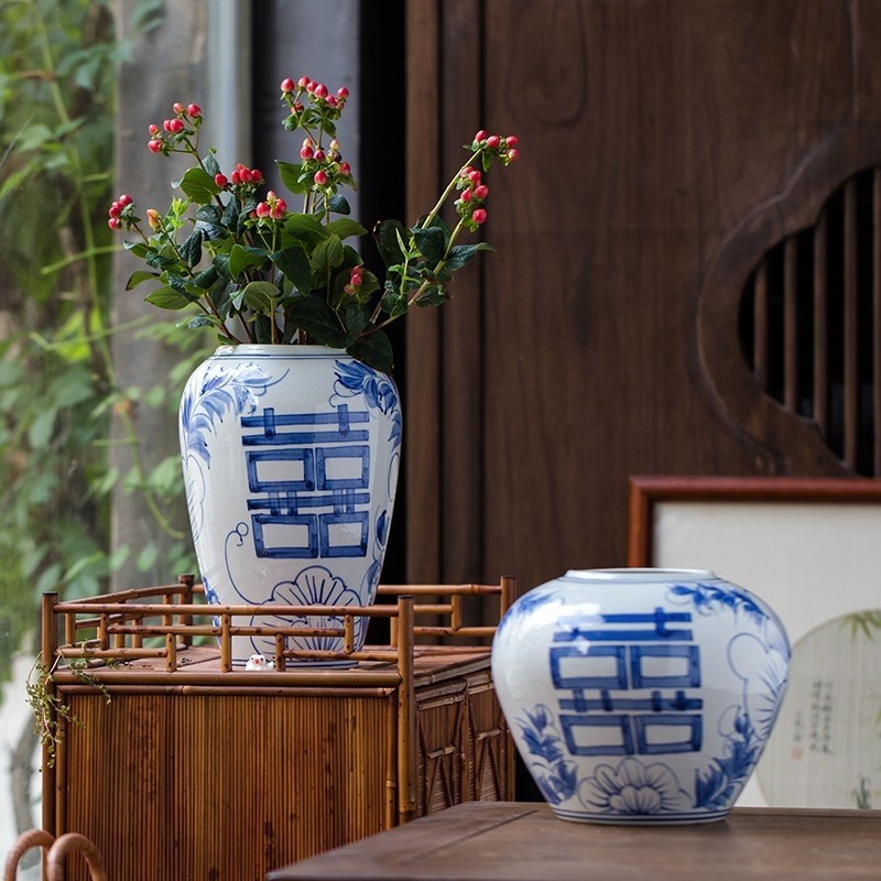 青花瓷花瓶景德镇陶瓷器花瓶插花喜字仿古中式家居客厅小装饰瓷瓶