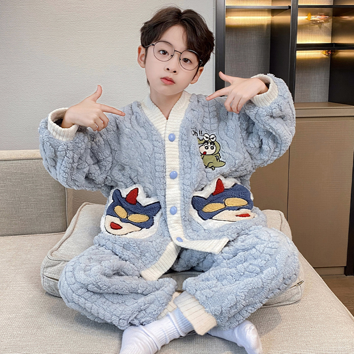 儿童珊瑚绒男童睡衣秋冬季男套装