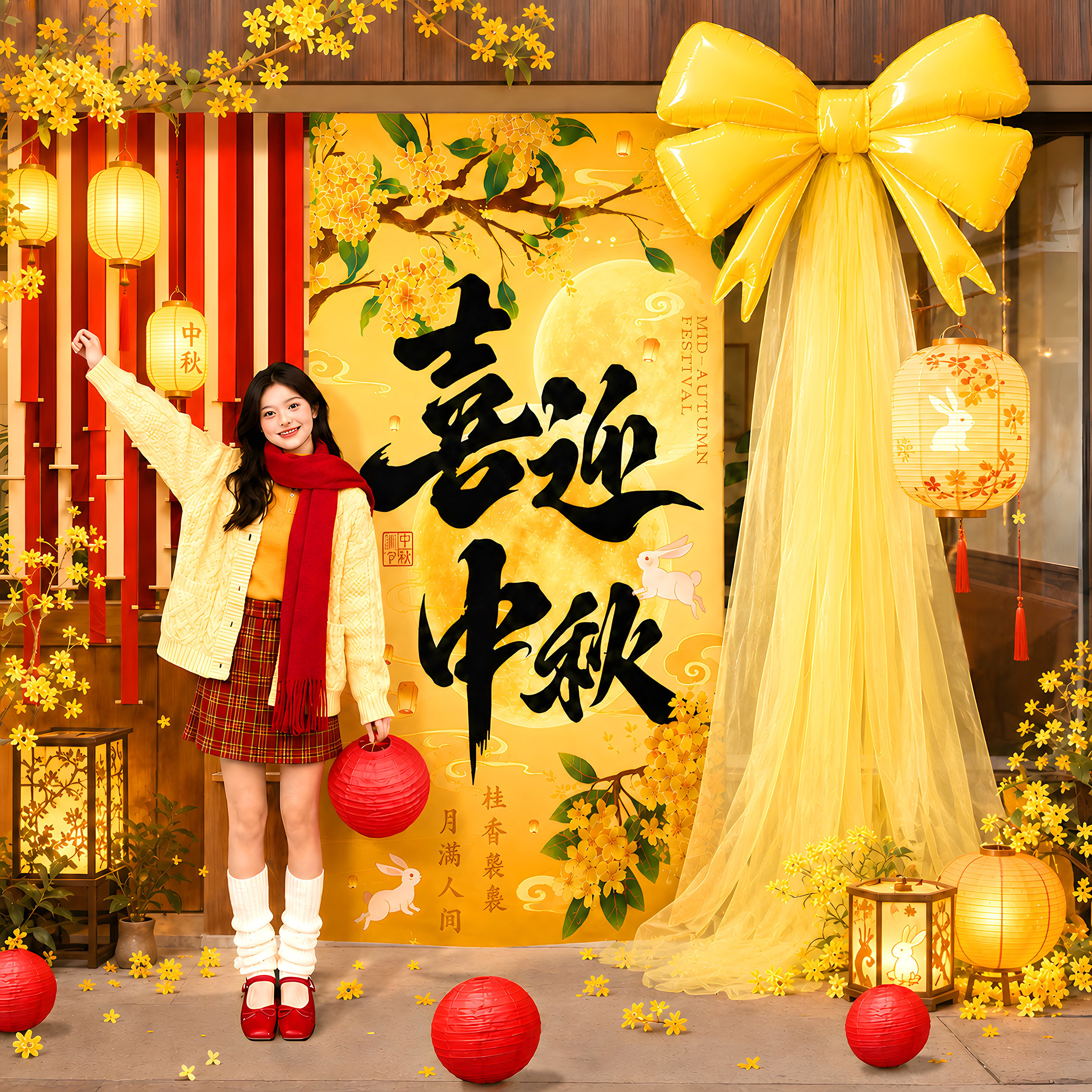 中秋节氛围布置装饰背景墙挂布气球立柱摆件国庆节日装扮橱窗布置
