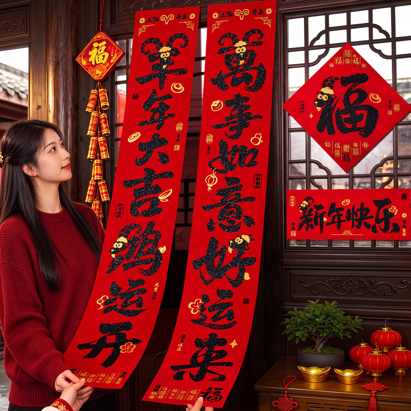 绒布书法对联春节家用2027羊年春联自带背胶过年新年大门福字门贴