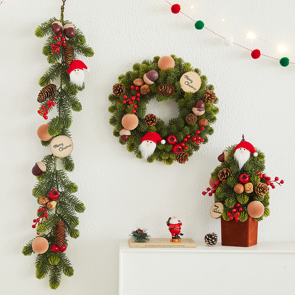 圣诞节装饰品桌面小型圣诞树摆件藤条花环韩式诺贝松场景布置套餐