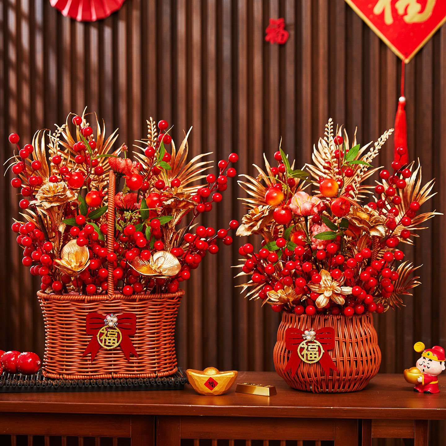 2026马年新款新年福桶花束红色浆果金叶手工编织筐装饰品年宵礼物,节庆用品/礼品,节日装扮用品,淘宝优惠券,粉丝福利购,淘宝优惠卷
