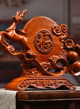 花梨木雕梅花鹿摆件实木雕刻柿子事事如意家N居客厅装饰品红木工