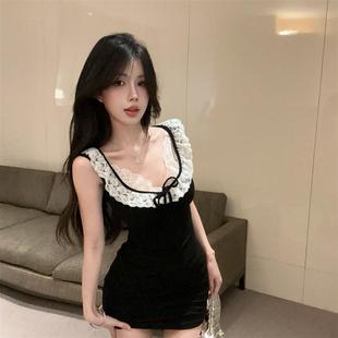 性感时尚 显身材低胸夜场蹦迪短裙女夏 蕾丝拼接包臀连衣裙辣妹修身