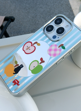 lz原创小众苹果猫创意镜面电镀银色17新款磁吸手机壳iPhone15promax适用16苹果14保护套13高级感蓝色条纹