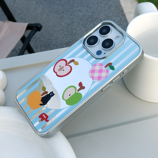lz原创小众苹果猫创意镜面电镀银色17新款 磁吸手机壳iPhone15promax适用16苹果14保护套13高级感蓝色条纹