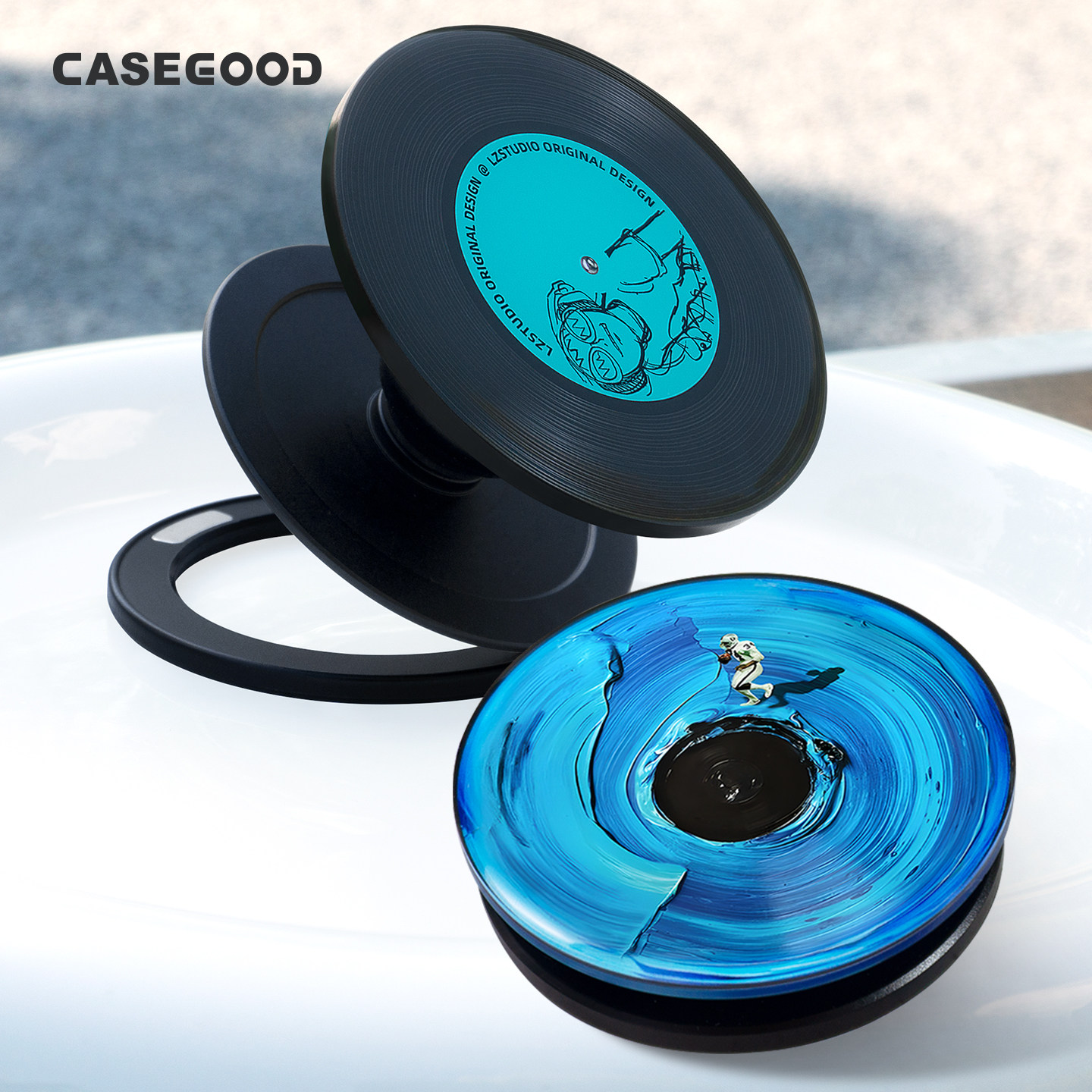 CASEGOOD 原创黑胶唱片创意旋转磁吸手机支架自带镜子背贴气囊图片