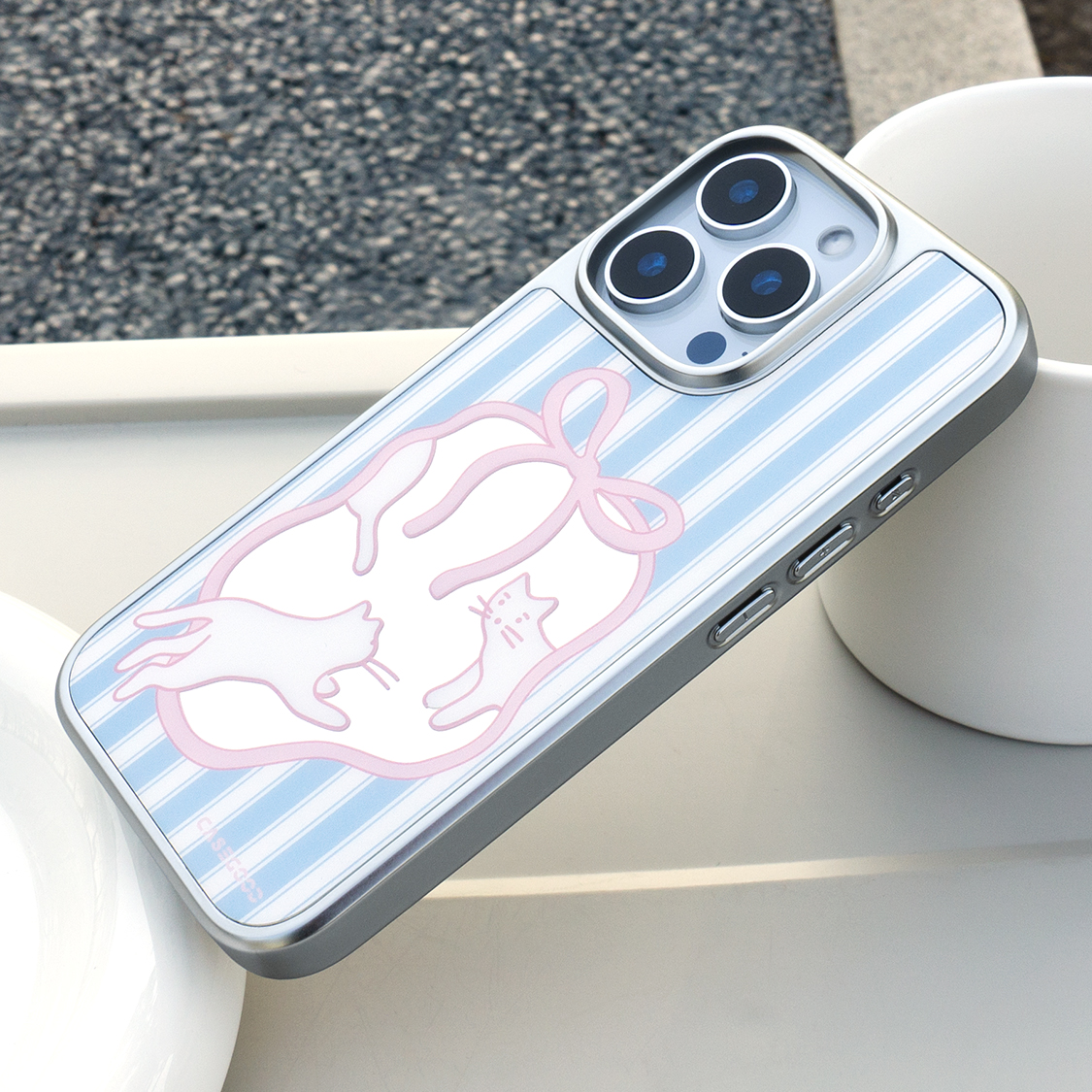 casegood壳鼓岛 原创电镀镜子猫咪夏日蓝条纹磁吸手机壳14苹果16promax适用iPhone15pro保护套13小众简约新款
