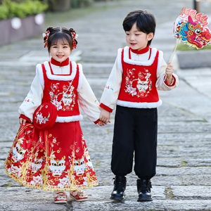 女童拜年服男古装汉服套装加厚宝宝喜庆龙年新年表演服超仙唐装冬