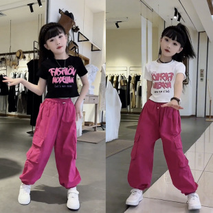 品牌专柜女童夏季短袖套装韩系百搭新款中大童女孩打底衫工装裤潮