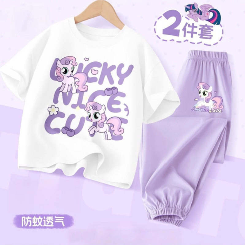 品牌专柜女童夏季短袖长裤套装新款中大童纯棉上衣薄款运动两件套