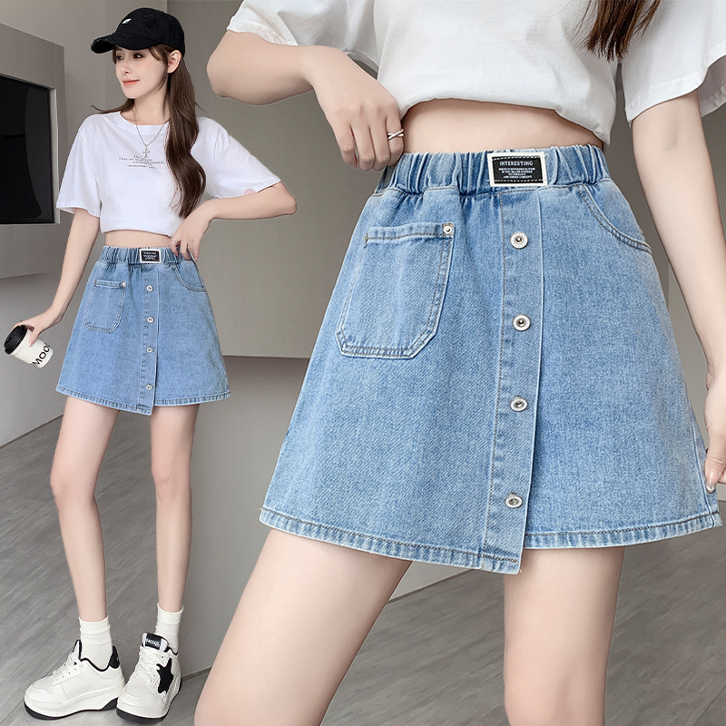 大码高腰假两件A字牛仔短裤裙女
