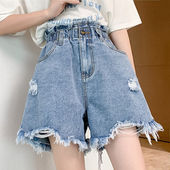 女夏季 薄款 不规则大码 辣妹破洞花苞高腰牛仔短裤 宽松阔腿A字热裤