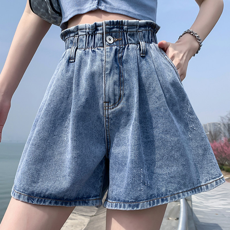 特大码松紧腰花苞阔腿牛仔短裤女士夏季胖mm200斤宽松显瘦a字热裤