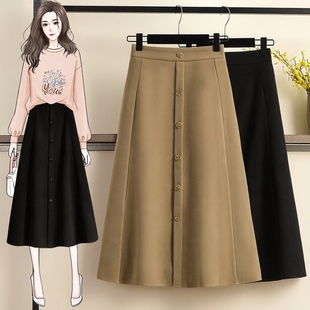 时尚 新款 气质百搭中长裙 简约舒适单排扣毛呢半身裙2025秋季 加大码