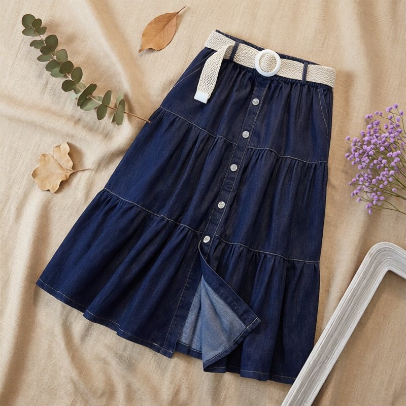 2026春季新款简约单排扣拼接牛仔A字裙加大码高腰遮肉显瘦半身裙,女装/女士精品,大码半身裙,淘宝优惠券,粉丝福利购,淘宝优惠卷
