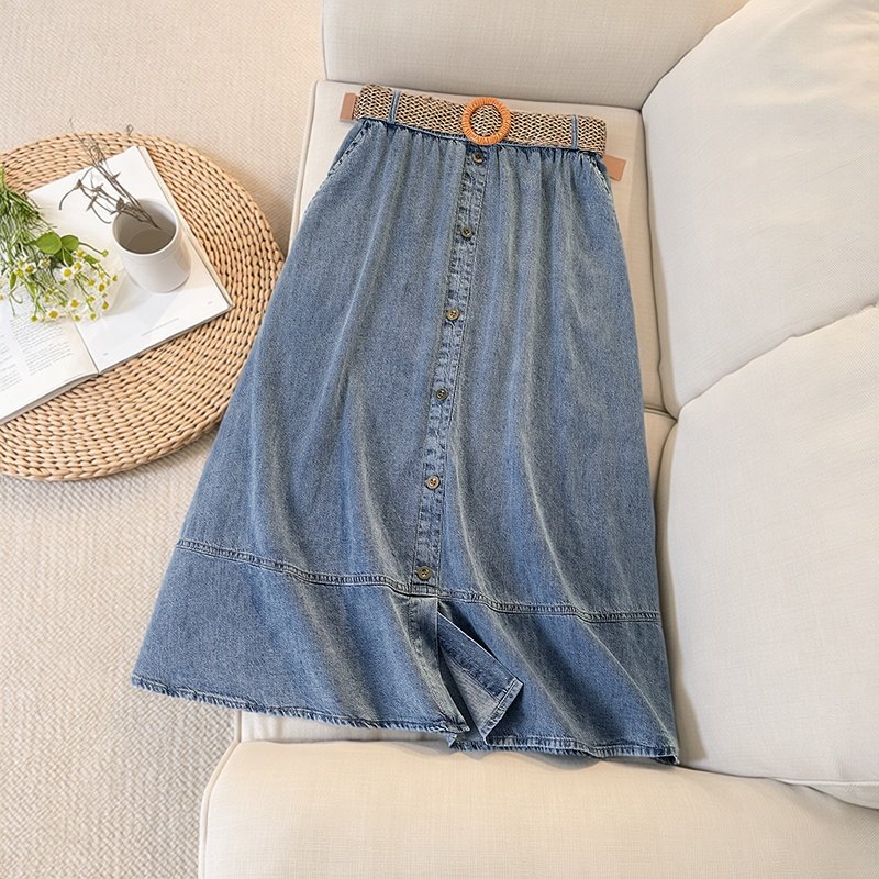 加大码复古简约单排扣开叉牛仔裙2026春季新款高腰藏肉显瘦大摆裙,女装/女士精品,大码半身裙,淘宝优惠券,粉丝福利购,淘宝优惠卷