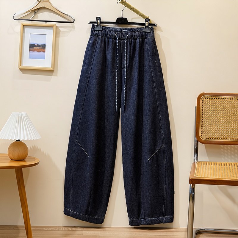 大码女装松紧腰系带牛仔哈伦裤女2026春季新款宽松显瘦百搭老爹裤,女装/女士精品,大码裤装,淘宝优惠券,粉丝福利购,淘宝优惠卷