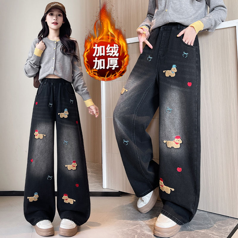 大码复古可爱刺绣加绒保暖阔腿裤
