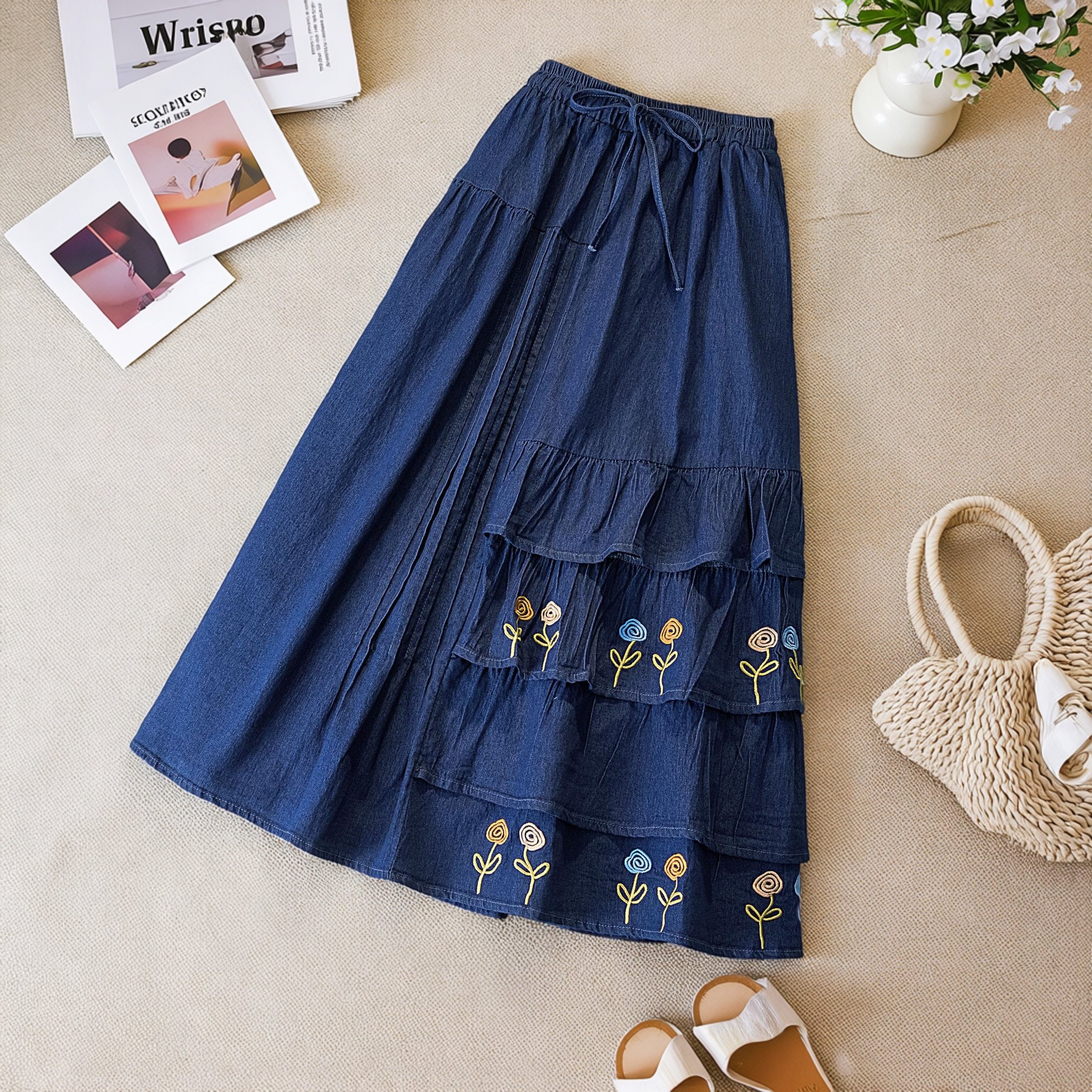 2026早春新款时尚刺绣拼接牛仔大摆裙女加大码洋气别致显瘦半身裙,女装/女士精品,大码半身裙,淘宝优惠券,粉丝福利购,淘宝优惠卷