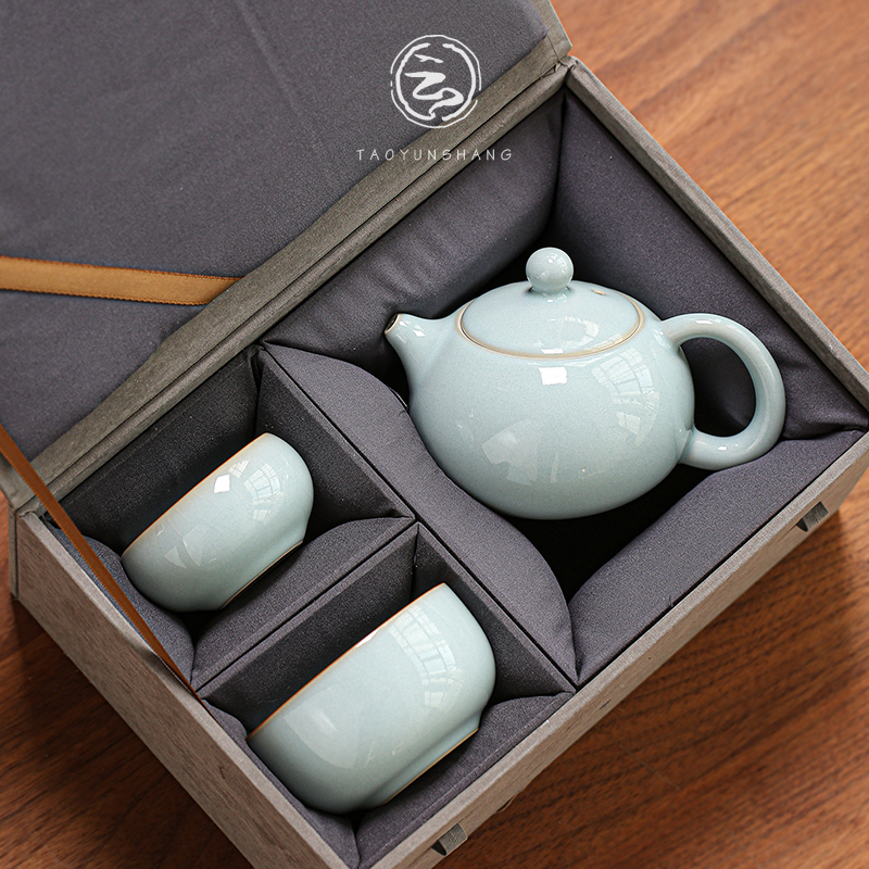 汝窑开片一壶两杯陶瓷旅行茶具泡茶壶可养便携户外功夫茶具送礼