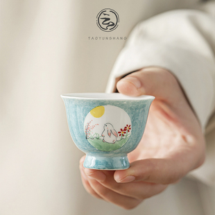 陶瓷茶杯手绘玉兔品茗杯个人单杯白瓷杯子功夫茶具主人杯茶碗茶盏