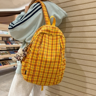 2026春夏新款韩系格子双肩背包黄色格纹校园百搭书包女高中大学生