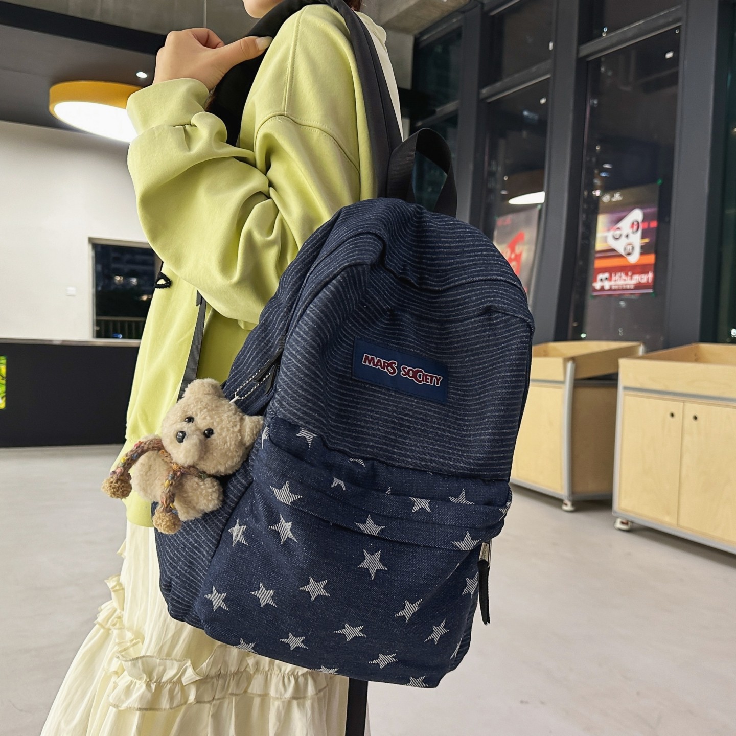 韩版牛仔布双肩包拼色条纹星星书包女大学生通勤百搭初中生背包男