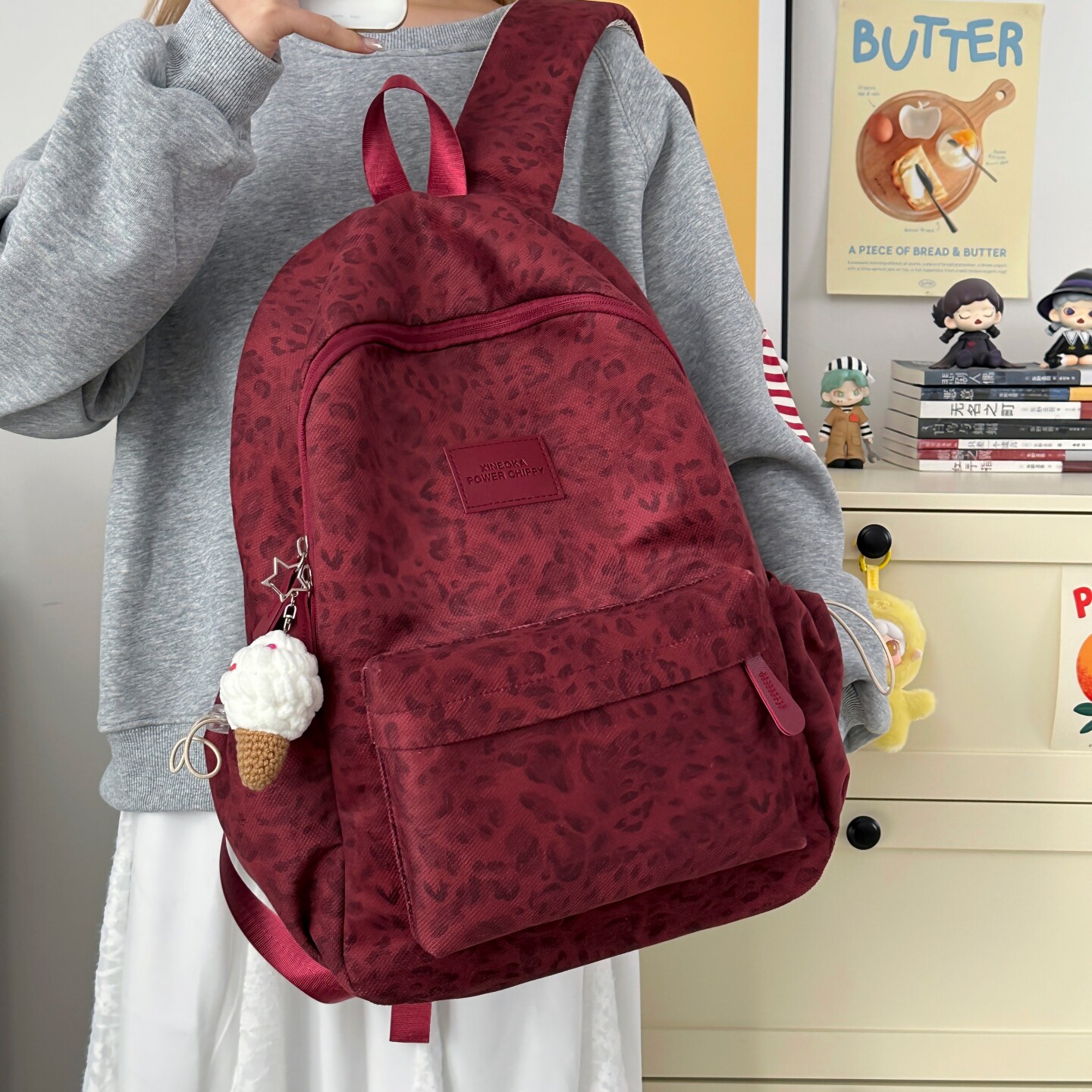 韩版百搭豹纹校园书包女初中生小众ins背包高中大学生轻便双肩包