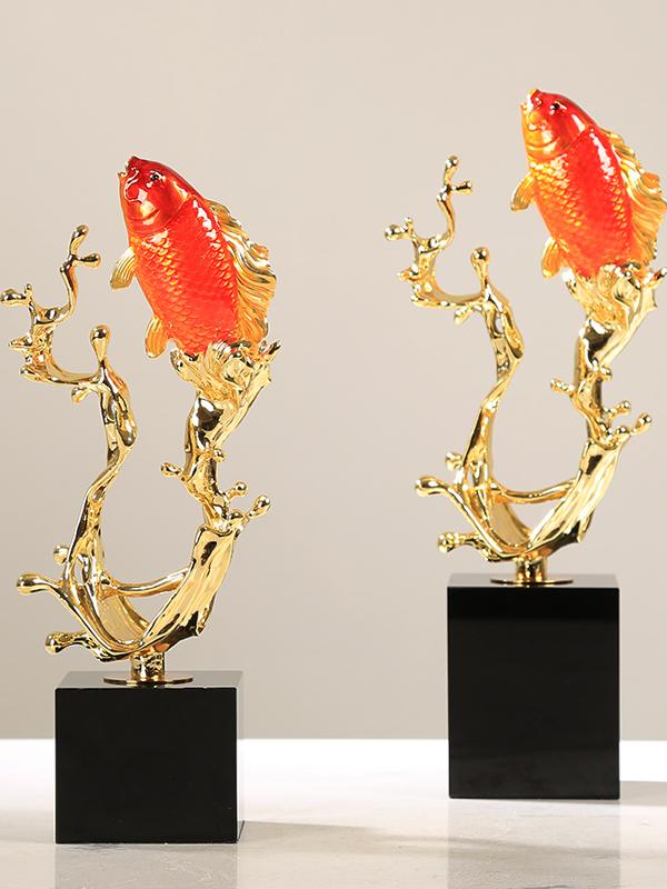 如鱼得水锦鲤高档轻奢玄关酒柜新中式珐琅彩摆件乔迁电视柜装饰品