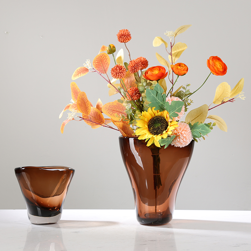 咖色琉璃花瓶摆件现代轻奢客厅酒店餐厅玄关可水培插花花器装饰品