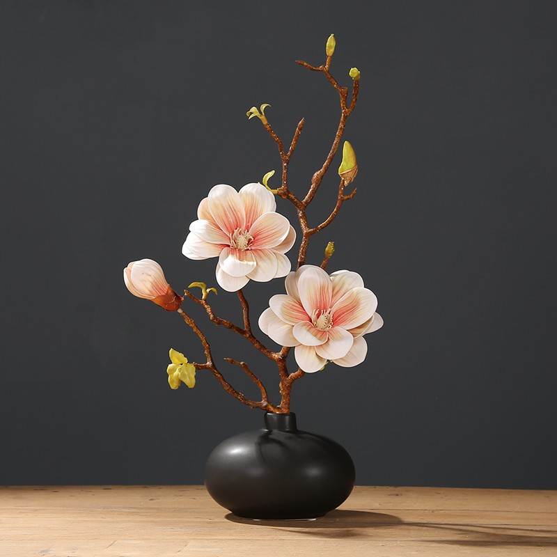 新中式仿真玉兰花套装陶瓷花瓶桌面摆放花卉高档逼真客厅假花摆件