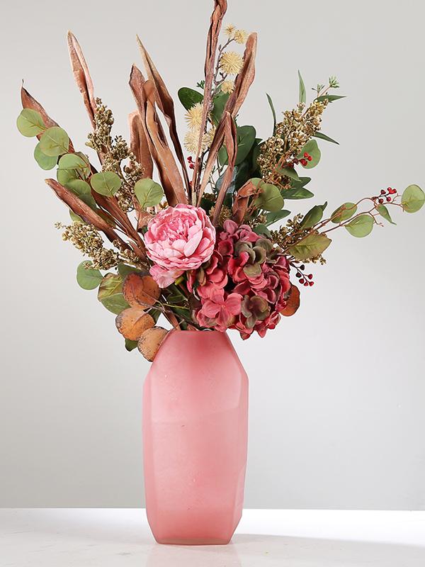 粉色手工磨刻玻璃花瓶现代轻奢花器水培客厅玄关干花装饰桌面摆件