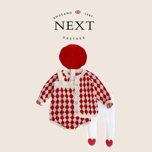 英国next myth春秋女宝红色格子包屁衣毛衣外套满月周岁针织套装