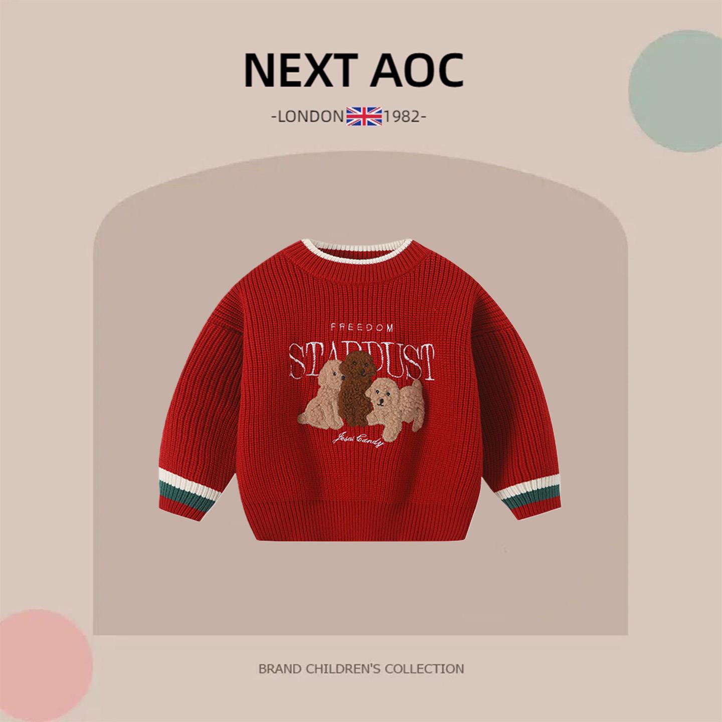 英国NEXT AOC男童纯棉毛衣秋冬男宝宝卡通加厚上衣红色喜庆针织衫