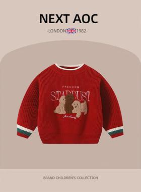 英国NEXT AOC男童纯棉毛衣秋冬男宝宝卡通加厚上衣红色喜庆针织衫